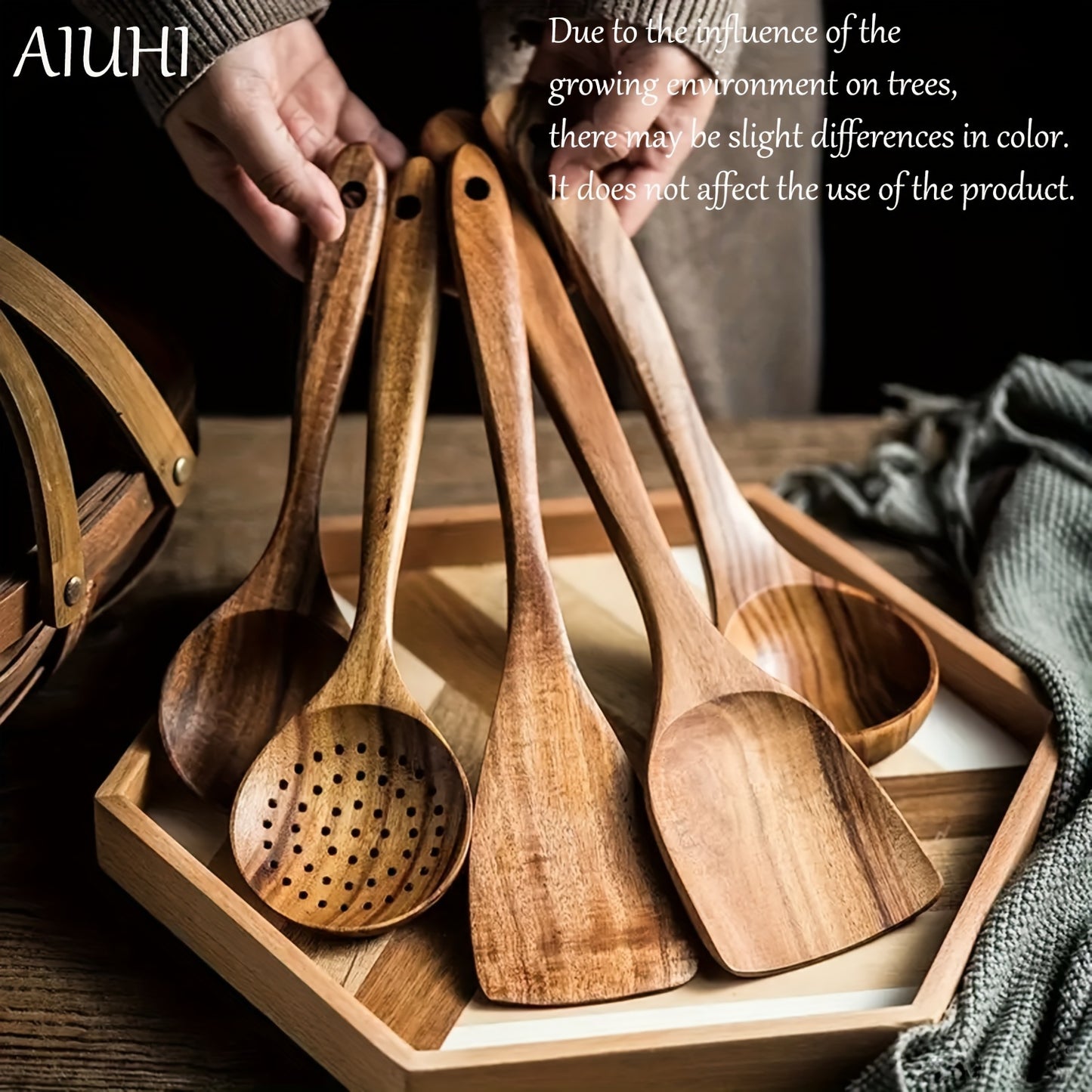 [Premium Wooden Kitchen Utensils] 5pcs Premium Wooden Kitchen Utensils Set - High-Quality, Durable Wooden Spoons & Spurtles - Perfect for Home Cooking and Baking