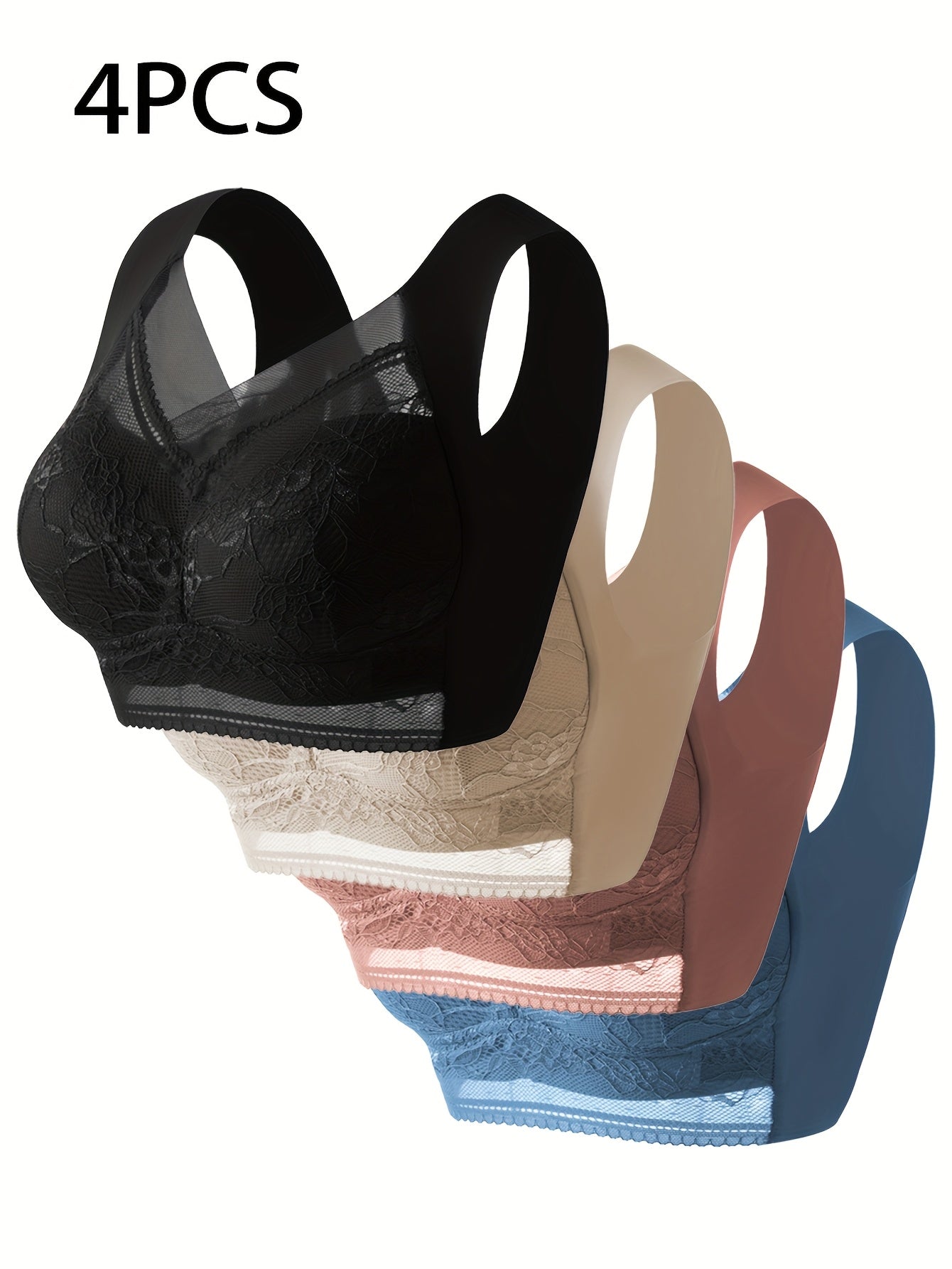 4pcs of mixed color Women's lace contrast underwear, daily bra, no steel ring underwear and bra