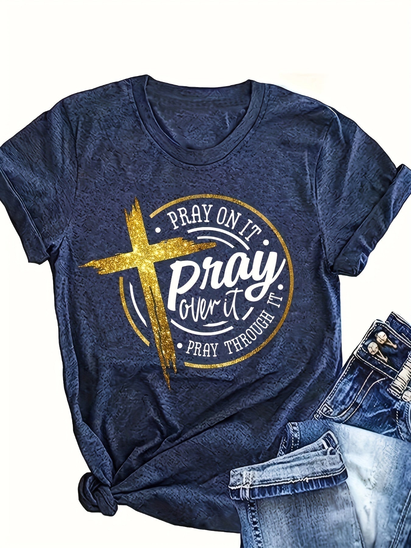 Cross & Pray Print Crew Neck T-shirt, Casual Short Sleeve Top For Spring & Summer, Women's Clothing
