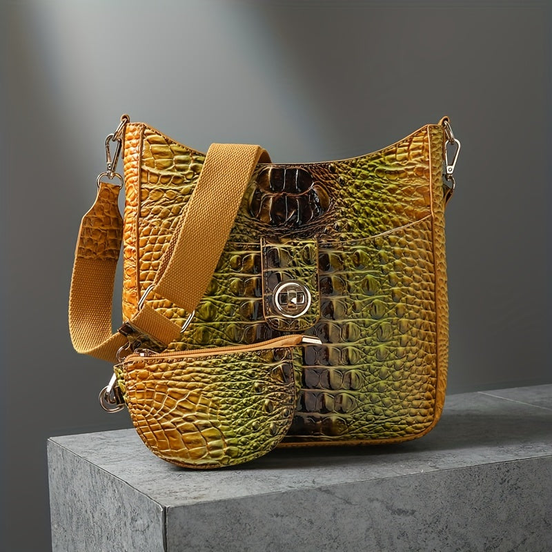 Elegant women's cross-body bag, fashionable color crocodile pattern cross-body bag, wide shoulder strap removable two-piece women's bag, safety zipper bag with coin purse