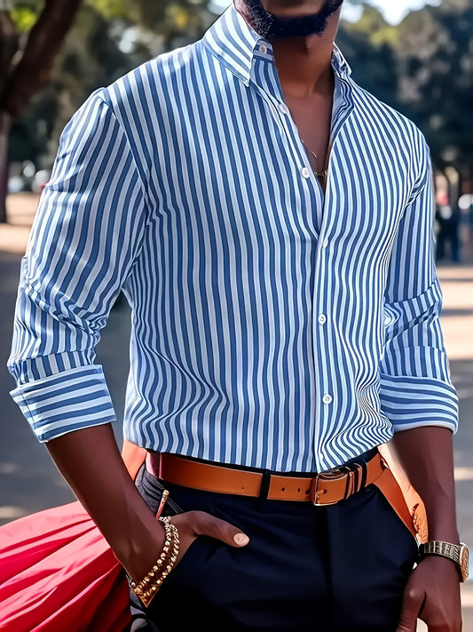 Men'S Long Sleeve Dress Shirt - Classic Button-Up Formal & Everyday Shirt, Easy-Care Button Front Placket, Office, Wedding, Party Attire - Autumn/Winter Clothing for Men, Office Attire, Striped Pattern, Comfortable Fit, Versa