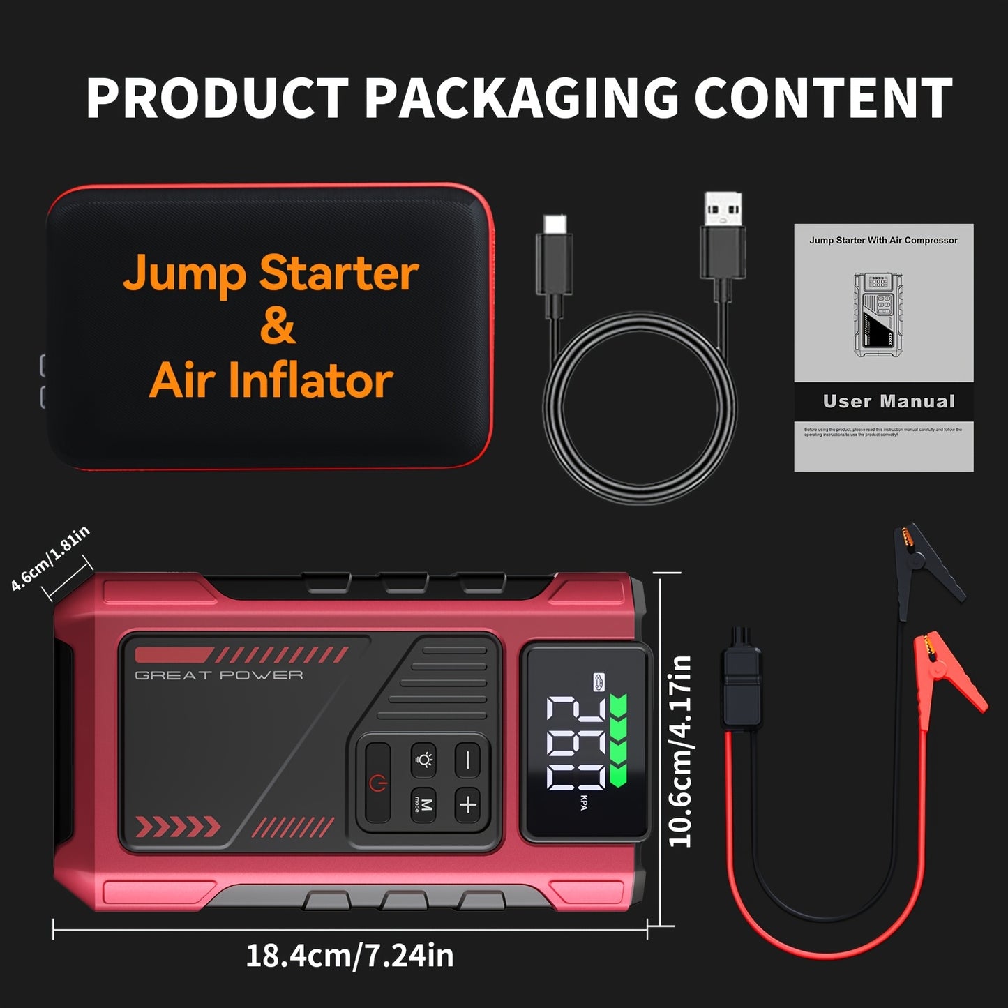 Portable Car Air Compressor & Jump Starter with LED Emergency Light, 3000A Peak Power, 12V for Gas/Diesel Engines, USB Input/Output, Digital Tire Inflator, Red, Insulated Material, Fast Charging, Car Accessories Tools, Vehicl