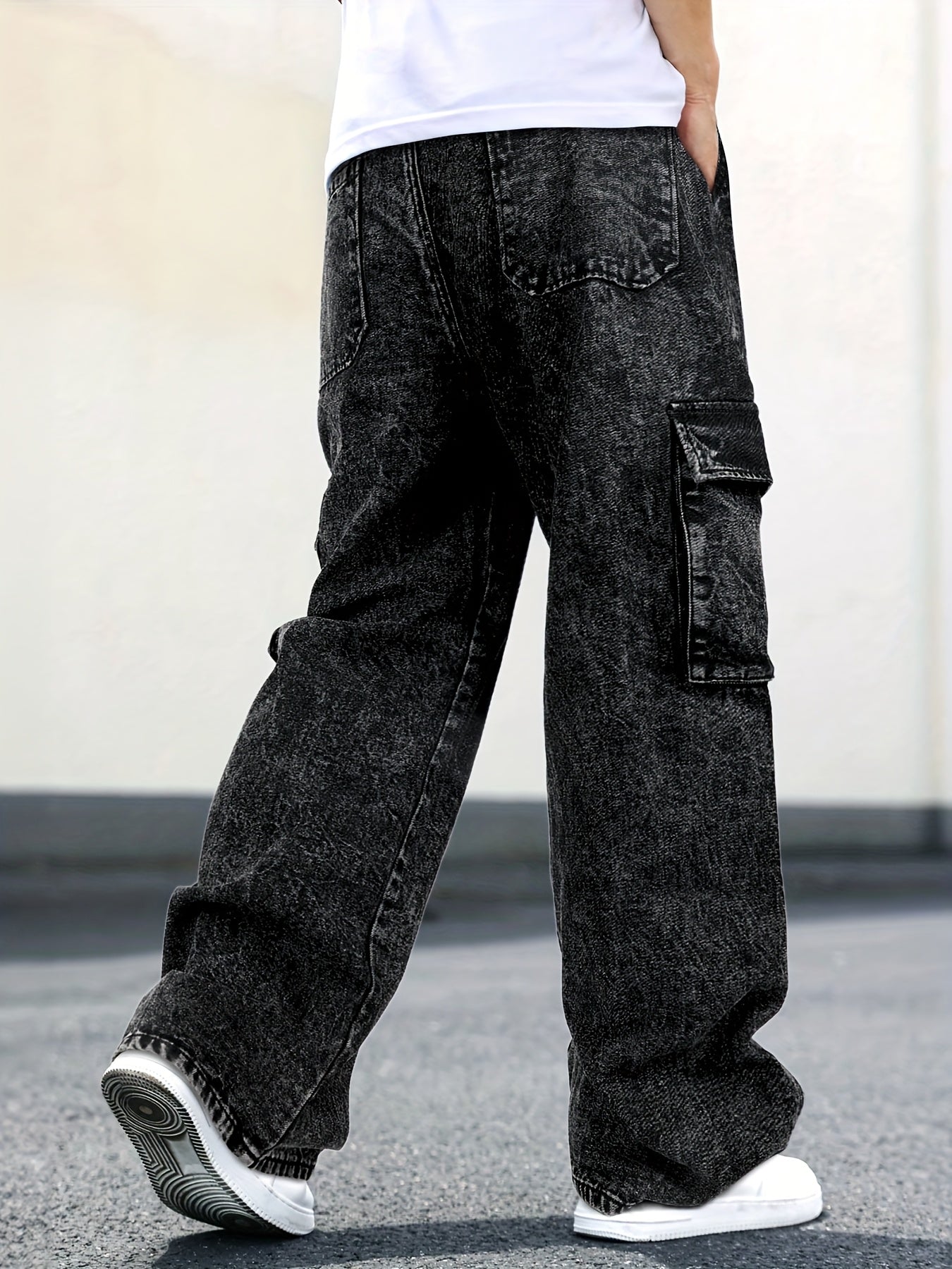 Men's Trendy Street Fashion Big Pocket Black Workwear Jeans