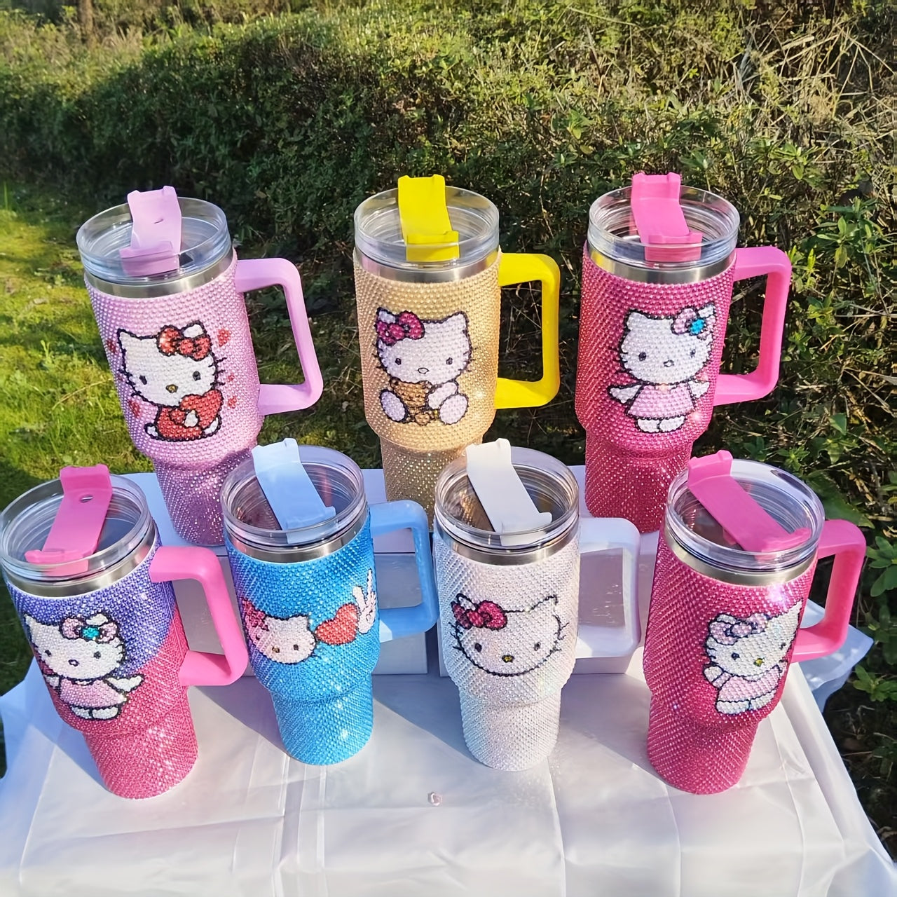1pc Hello Kitty 40oz Stainless Steel Insulated Water Bottle with Rhinestone Tumbler Lid, Cute Pink Kitty Cat Handle & Straw - BPA-Free Thermos for,, Women, Birthday/Christmas/Valentine's Gift, Hot/Cold Drink Thermos, Drink Bo