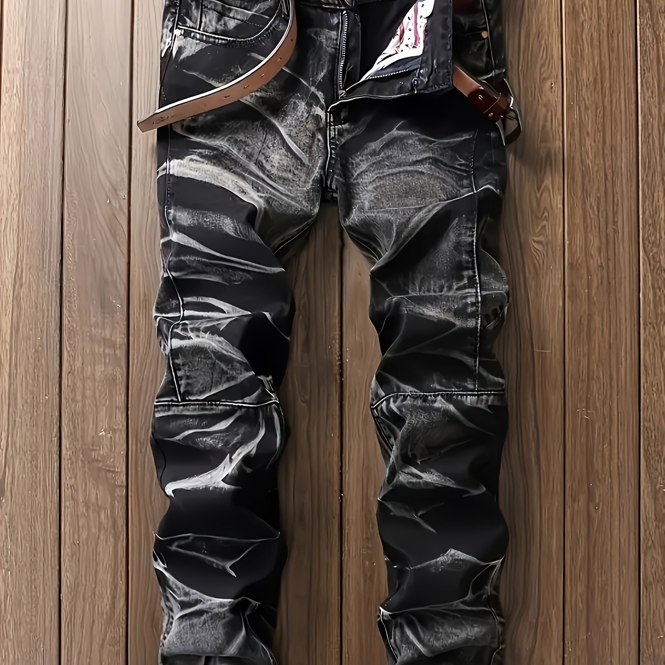 HME Men's Stretch Jeans - Mid-Rise Slim Straight Leg with Tie-Dye Black/White Pattern, Built-in YKK Zipper Closure, Machine Washable Denim Pants for Everyday & Formal Wear - Streetwear Essentials, Versatile Clothing, Vintage