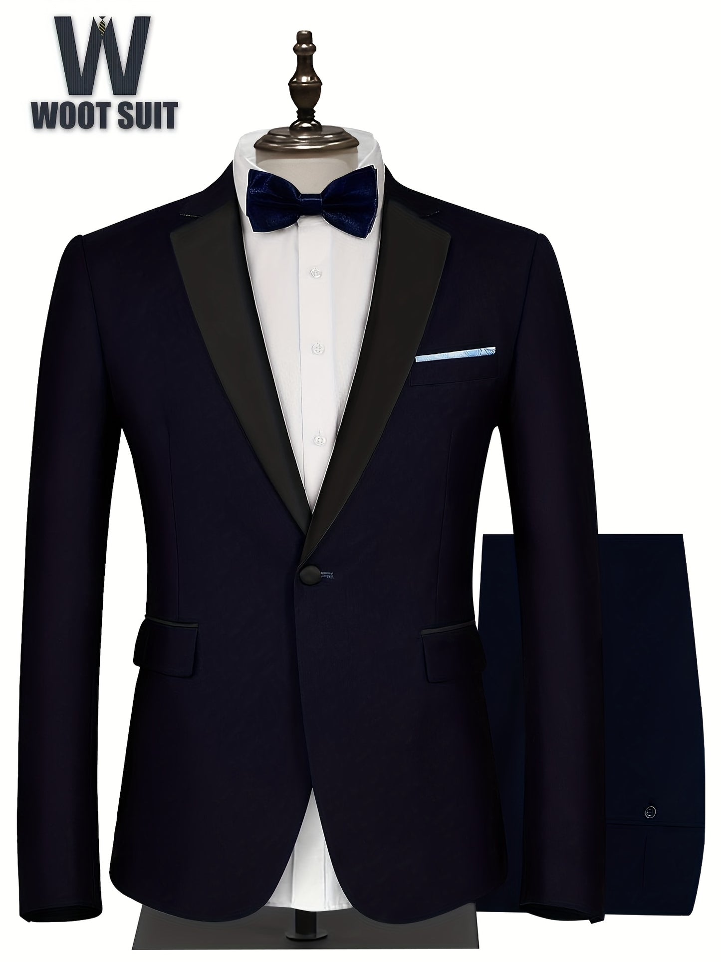 Men'S Slim Fit 2pcs Tuxedo Suit, One-Button Blazer & Pants Set With Bow Tie For Wedding, Prom, And Formal Events