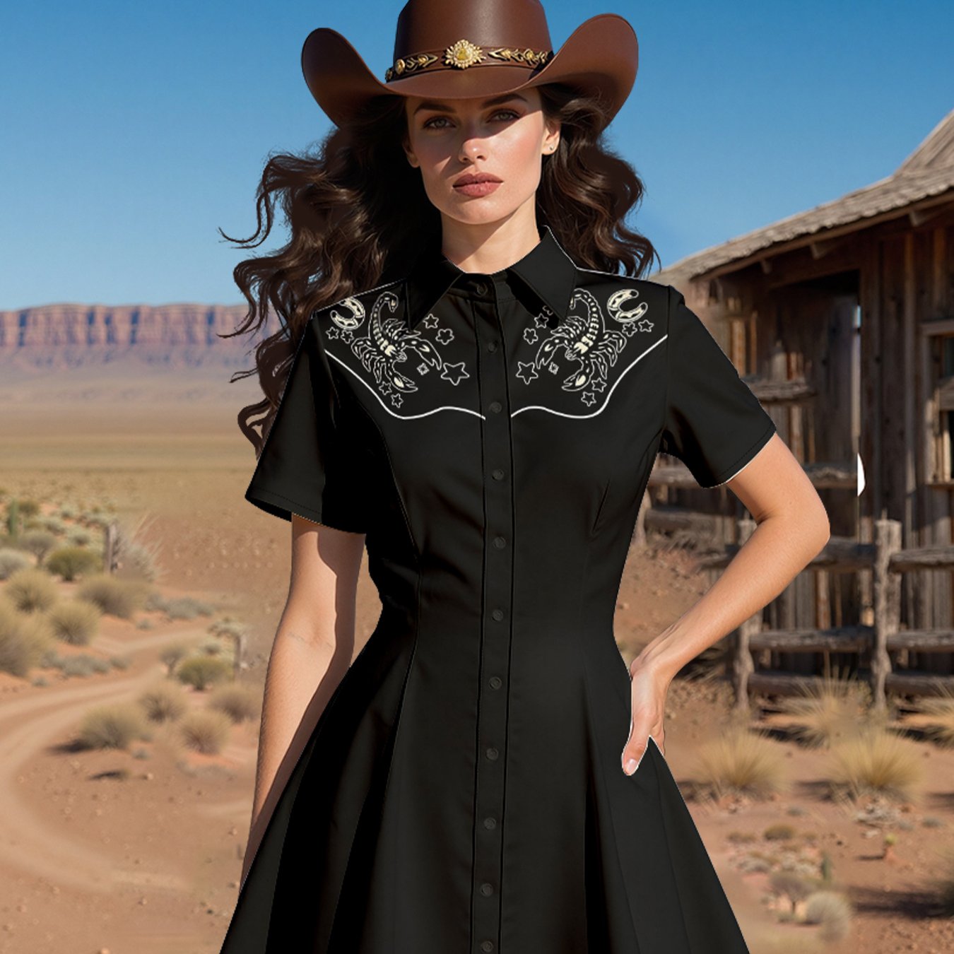 Plus Size - Women'S Western Cowgirl Outfit - Black Shirt Dress with Lapel Collar, Non-Stretch Fabric for Western Events, Beach Vacations & Casual Outings - Lightweight Summer Dress for Women, Cowgirl Dress, Vacation Attire, D