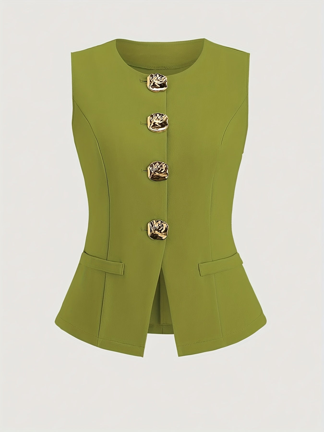 Women's French Chic Blazer - Sleeveless coat with Metallic Buttons, Structured Black Jacket for Business, Formal Events - Machine Washable Women's Professional Outerwear, Seasonal Wardrobe Staple, Office Wear, Elegant Style,