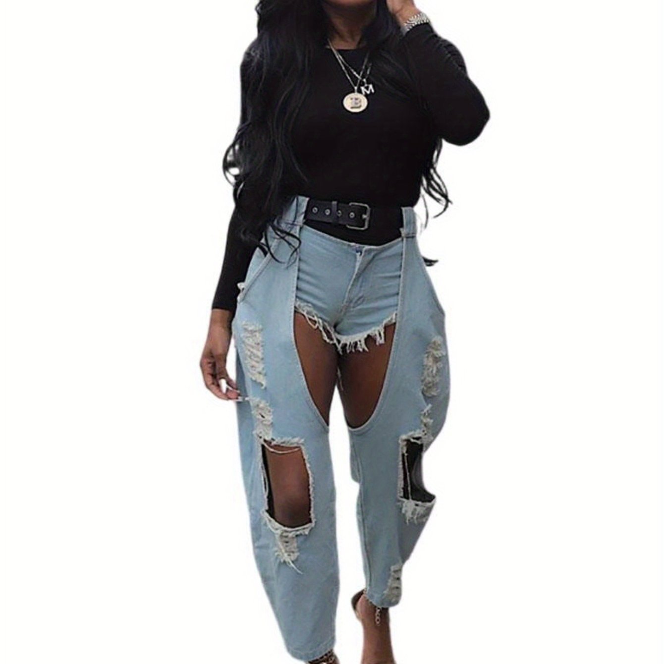 [Vintage Y2K Streetwear Jeans] Vintage Distressed Women's Y2K Streetwear Jeans | Non-See-Through Ripped Denim Pants with Button Closure, Loose Fit for Everyday & Formal Outfits - Fall/Winter Casual Pants, Fall Fashion, Street