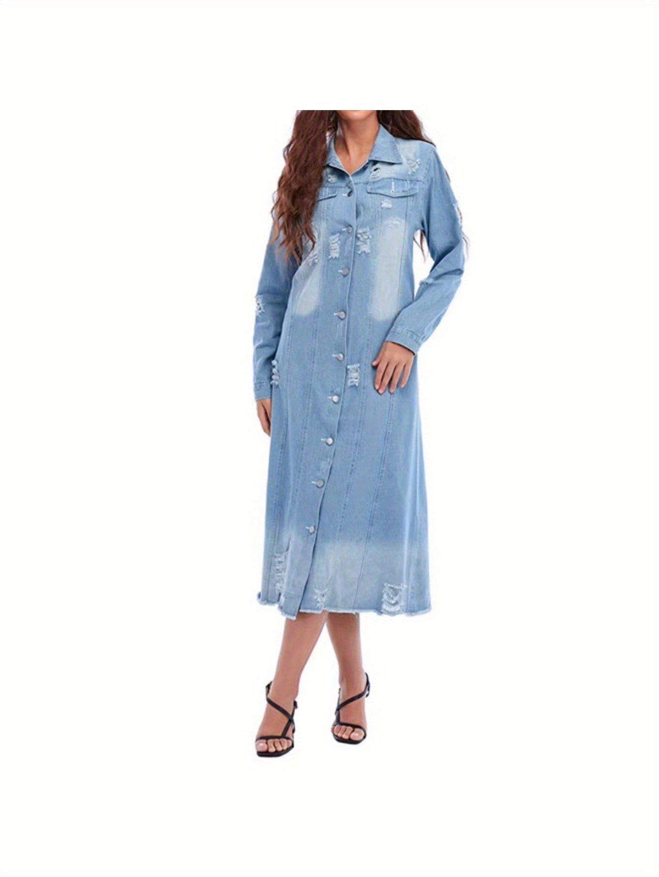 Women's Vintage Distressed Denim Jacket with Lapel Collar & Ripped Hem - Light Wash Blue Mid-Length Coat, Structured Fit, Machine Washable, Spring/Fall/Summer Casual Outerwear, Light Blue Washed Denim Coat with Button Front C