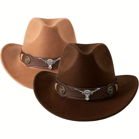 [2-Pack Western Cowboy Hats] 2-Pack Stylish Western Cowboy Hats, Beige & Brown, Unisex Polyester Felt Hats | Wide Brim Hat, Faux Leather & Bull Head Belt, Perfect for Western Themed Events, Costume Parties, and Outdoor Advent