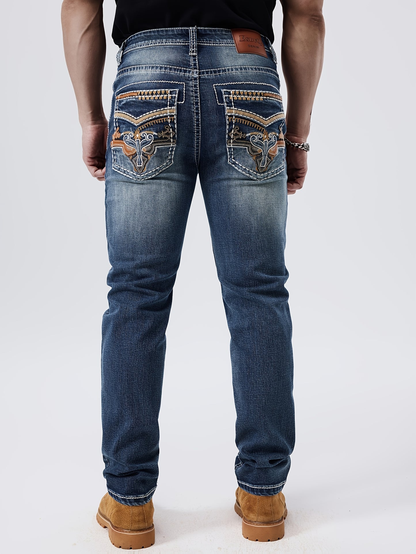 Men'S ESDVQ Embroidered Denim Jeans - Stretchy, All-Season, Casual Straight Leg Jeans With Brown Boots, Casual Attire | Embroidered Jeans | Casual Fit Jeans