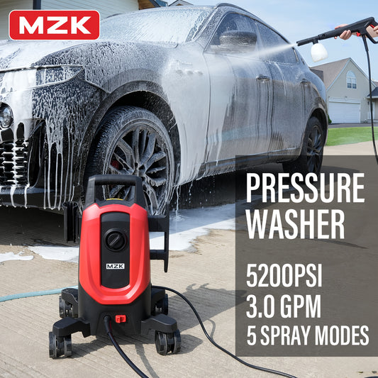 5200PSI 2025 New MZK Electric Power Washer - 3.0GPM, 360° Rotating Wheels, 4 Nozzles & Foam Cannon, Ideal for Cars And Driveways