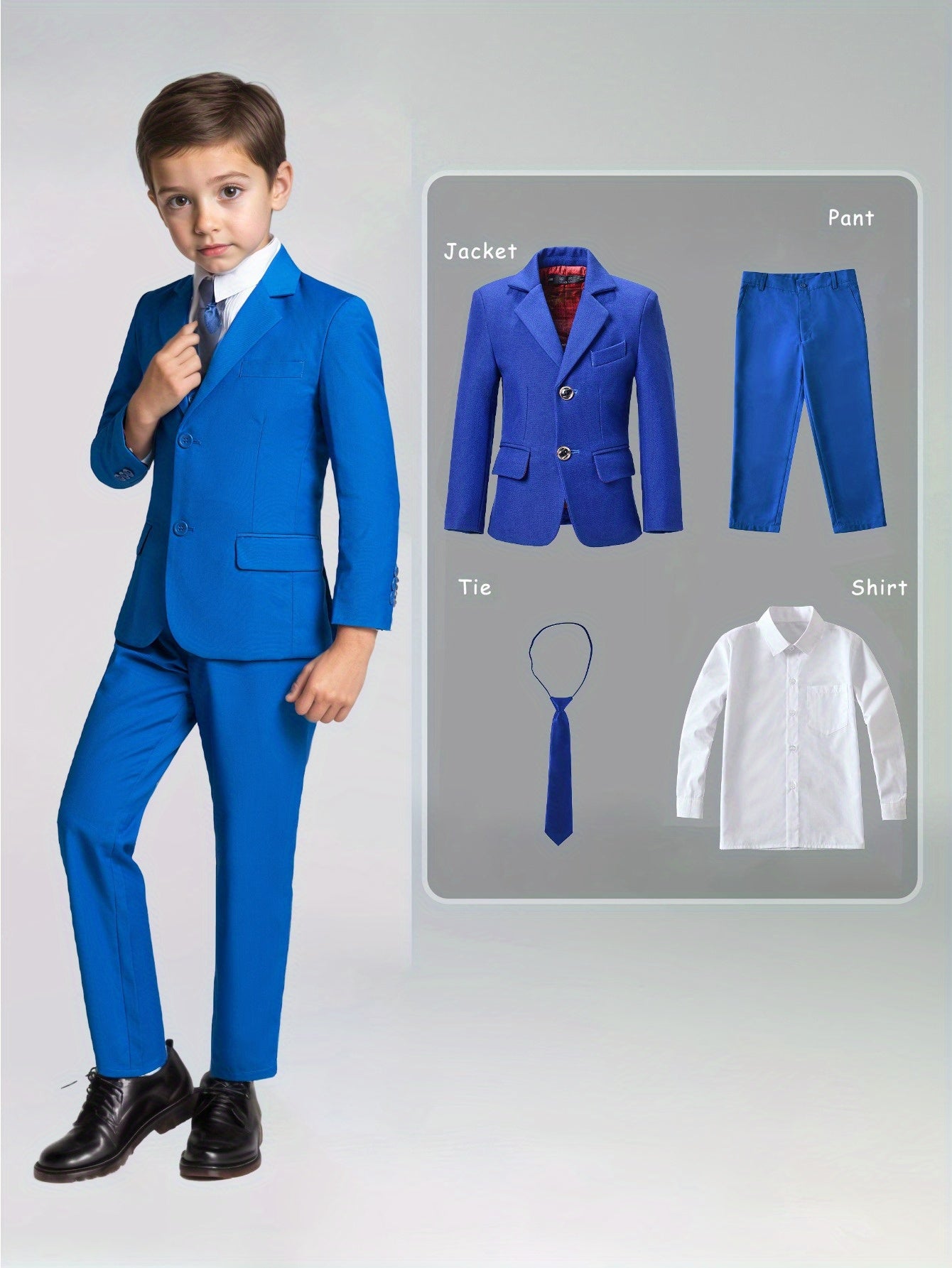 Boys' 4pcs Serge Suit Set: Jacket + White Ruffled Shirt + Pants + White Tie, White/ Black/ Royal Blue, Sizes 2-16, Ideal for Weddings/ Flower Boy/ Back to School, Perfect for Outdoor, Perfect for Thanksgiving, Perfect for Chr