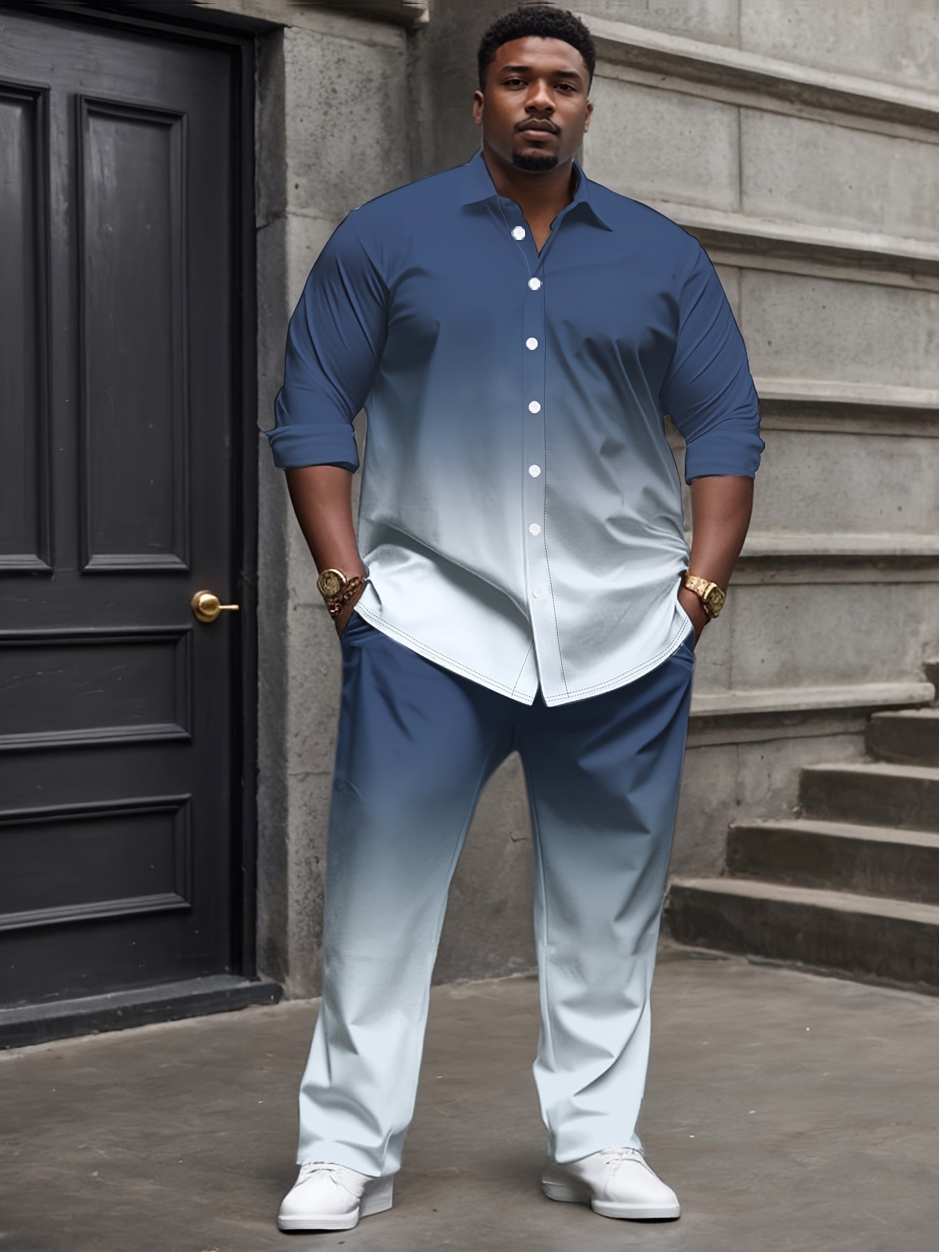 [Plus Size Suit Set] Men's Plus Size Suit - Stretch Long Sleeve Button-Up Shirt & Pants Set | Retro Geometric Check Pattern, V-Neck Lapel Design, Loose Fit for Casual & Formal Wear, Plus Size Blazers