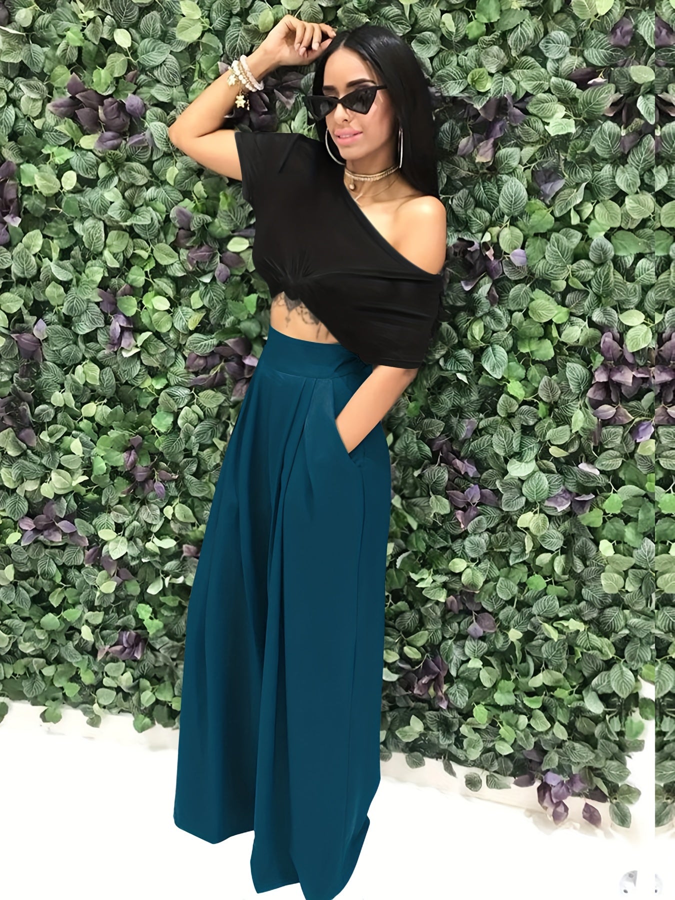 Loose Straight Flare Pants, Casual Pocket High Waist Solid Wide Leg Fashion Comfy Pants, Women's Clothing