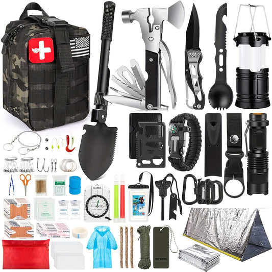 252pcs Survival Gear Kit - All-in-One Emergency Supply Set With MOLLE-Compatible Bag And Emergency Tent - Essential For Earthquakes, Hiking, Hunting, And Outdoor Adventures - Great Gift For Him And Her