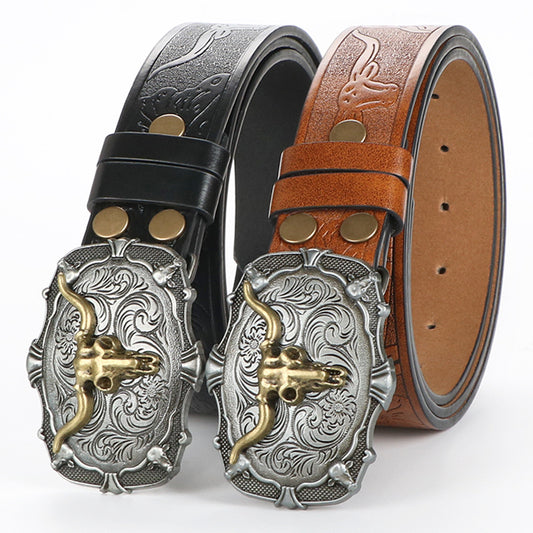 2pcs Men'S Western Cowboy Faux Leather Belts with Bull Head Buckle - Durable Embossed Floral Design in Black & Brown - Perfect for Western Events, Parties & Gifts