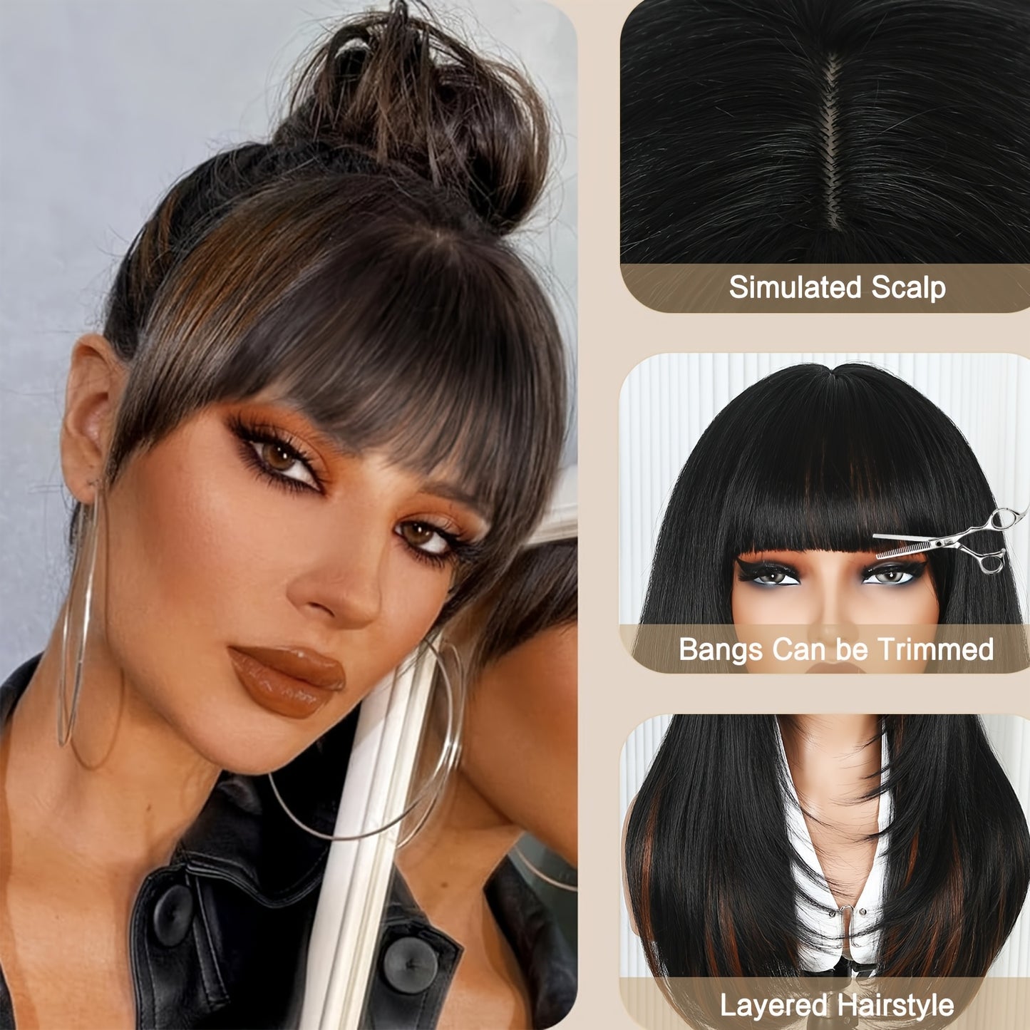 Long Straight Layered Wig with Bangs Glueless Natural Black Synthetic Bangs Wig 26 Inch Put On and Go Wigs High Temperature Fiber Pixie Cut Layered Wig for Women Daily Use