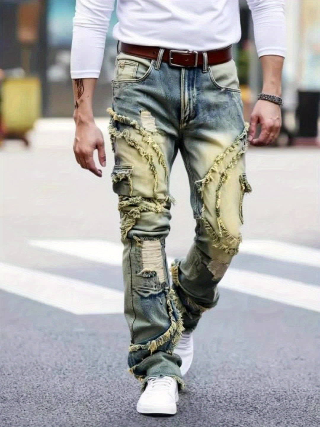 HME Men's Skinny Jeans - Heavy Washed Vintage Streetwear Pants with Patchwork Stitching, Stretch Denim (Cotton-Based), Mid-Rise Fit, All-Season Urban Fashion Jeans for Men, Casual Streetwear, Versatile Bottoms, Retro Style, D