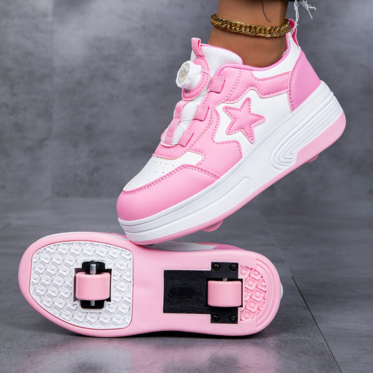 & Pink Roller Skate Sneakers with Detachable Wheels & Rotating Buckle Closure - All-Season Comfort, Star Pattern Design, Low-Top TPR Sole & EVA Cushioning - Durable -like Upper for Training, Sports, Outdoor Play - Ideal Birth