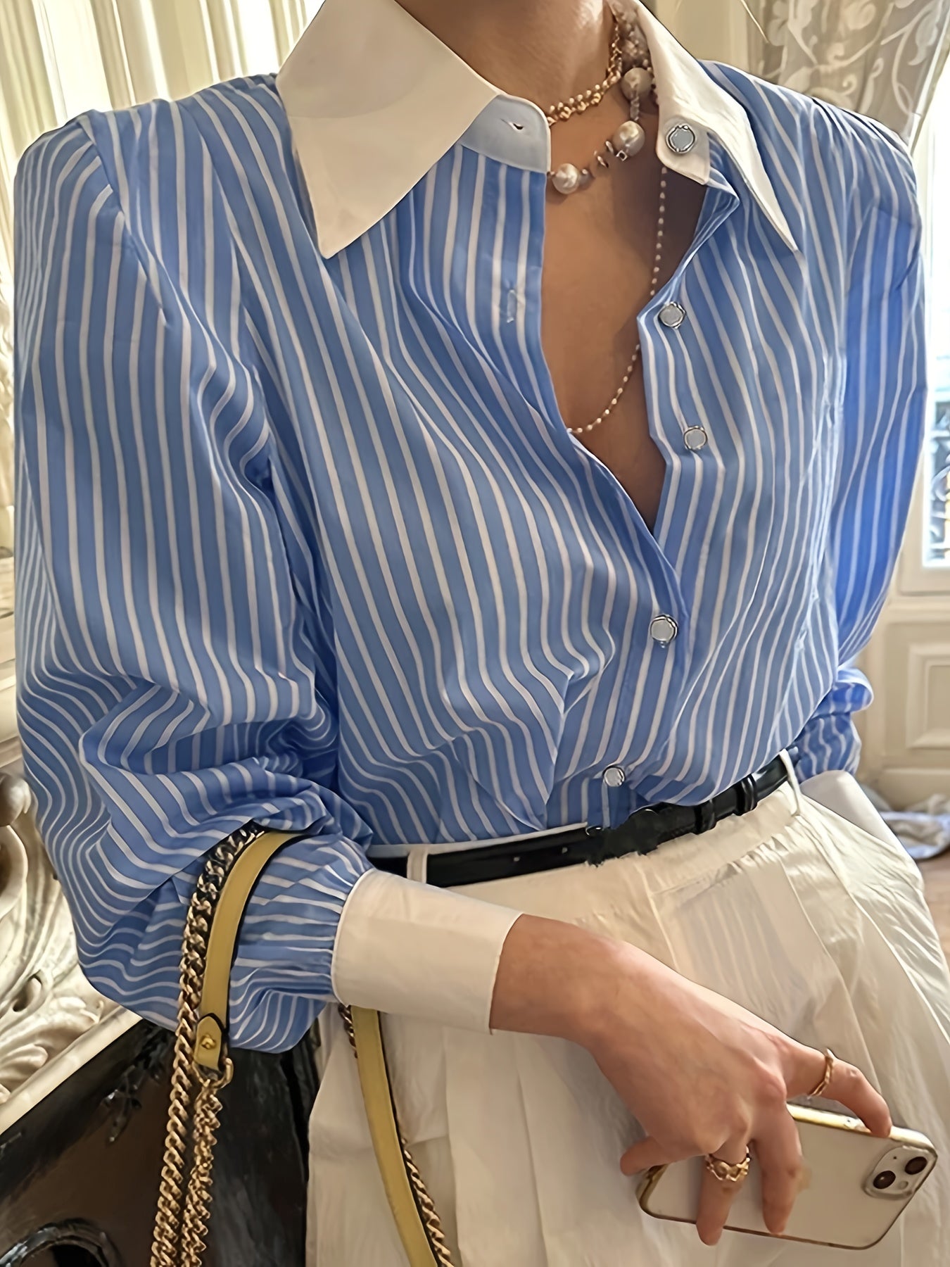 Gavin Women's Casual Long Sleeve Shirt - Blue & White Striped Button-Up Blouse with Pointed Collar, Relaxed Fit, Machine Washable, All-Season Versatile Top, Seasonal Fashion | Classic Collared Blouse | Goldtone Accents