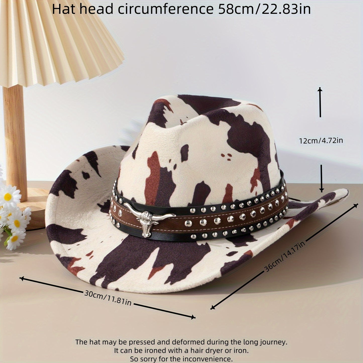 1pc Retro Cowgirl Pattern Women's Felt Hat with Studded Strap Accessories, Wide Brim Western Style, Non-Deformable, Suitable for Outdoor and Camping, Fashion Streetwear Spring/Summer/Autumn European-American Cowboy Hat with V