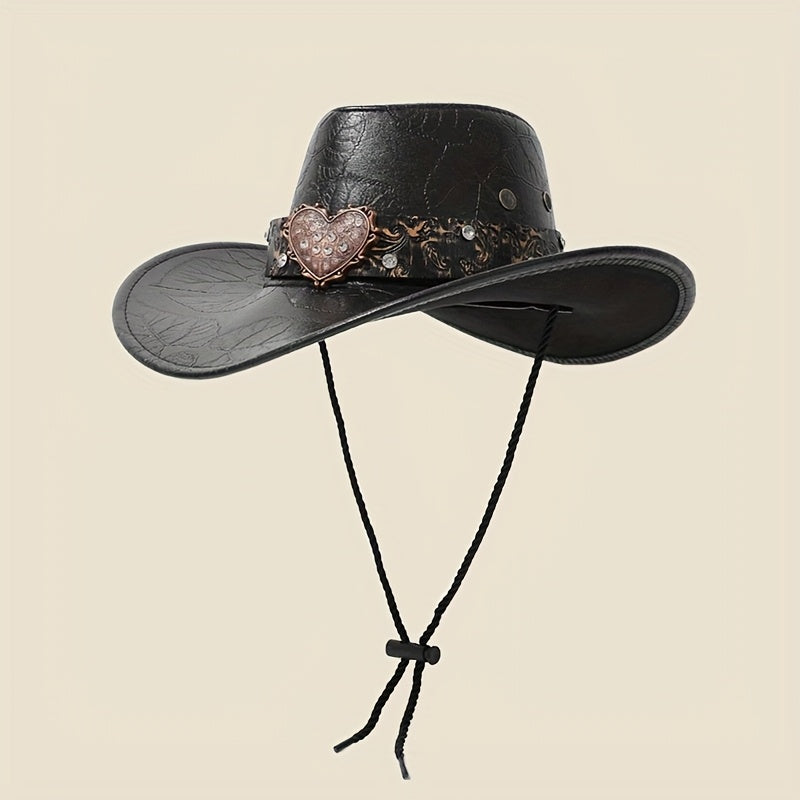 1pc Elegant Heart Pattern Faux Leather Cowboy Hat, Unisex Fedora Style Western Hat, Lightweight, Non-Stretch Fabric, with Diamond Accents for Travel, Parties, and Daily Wear