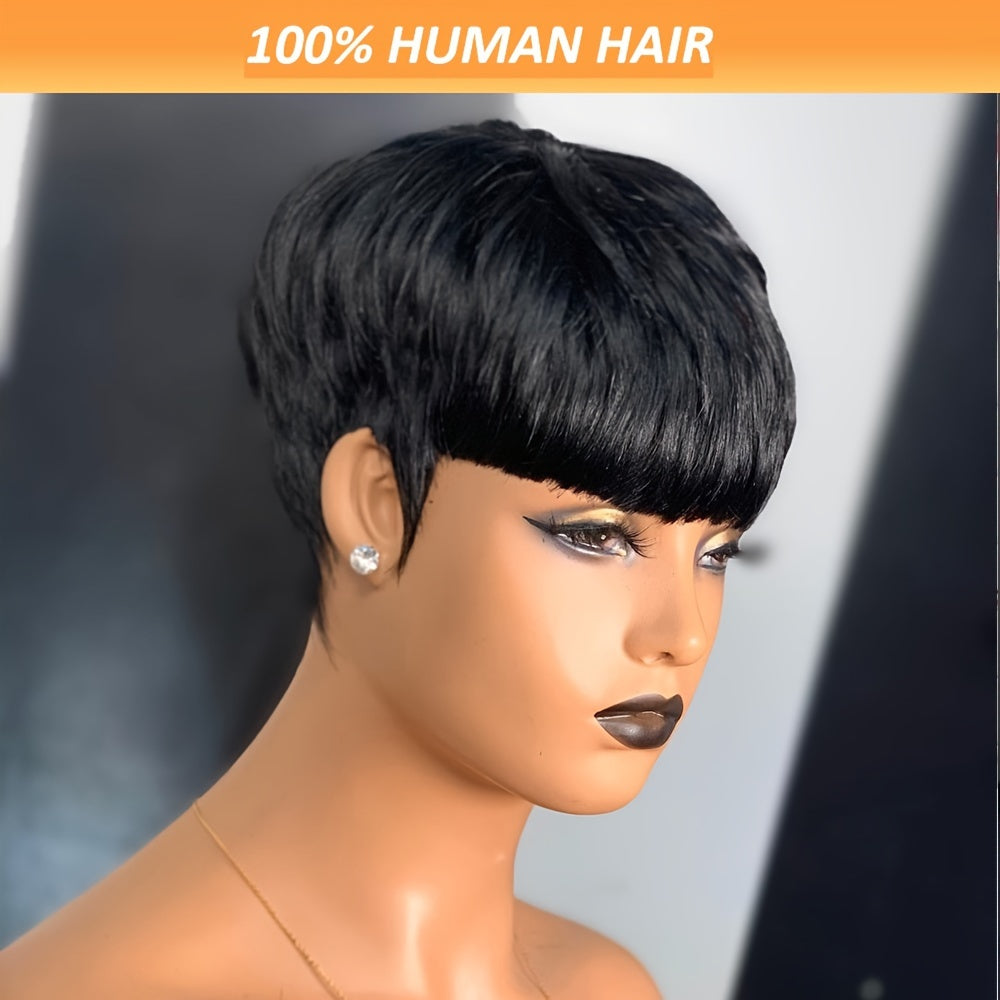 1B Brazilian Remy Human Hair Pixie Cut Wigs for Women with Bangs, Short, Layered, 9A, Full Machine Made, Natural Black Color, Glueless