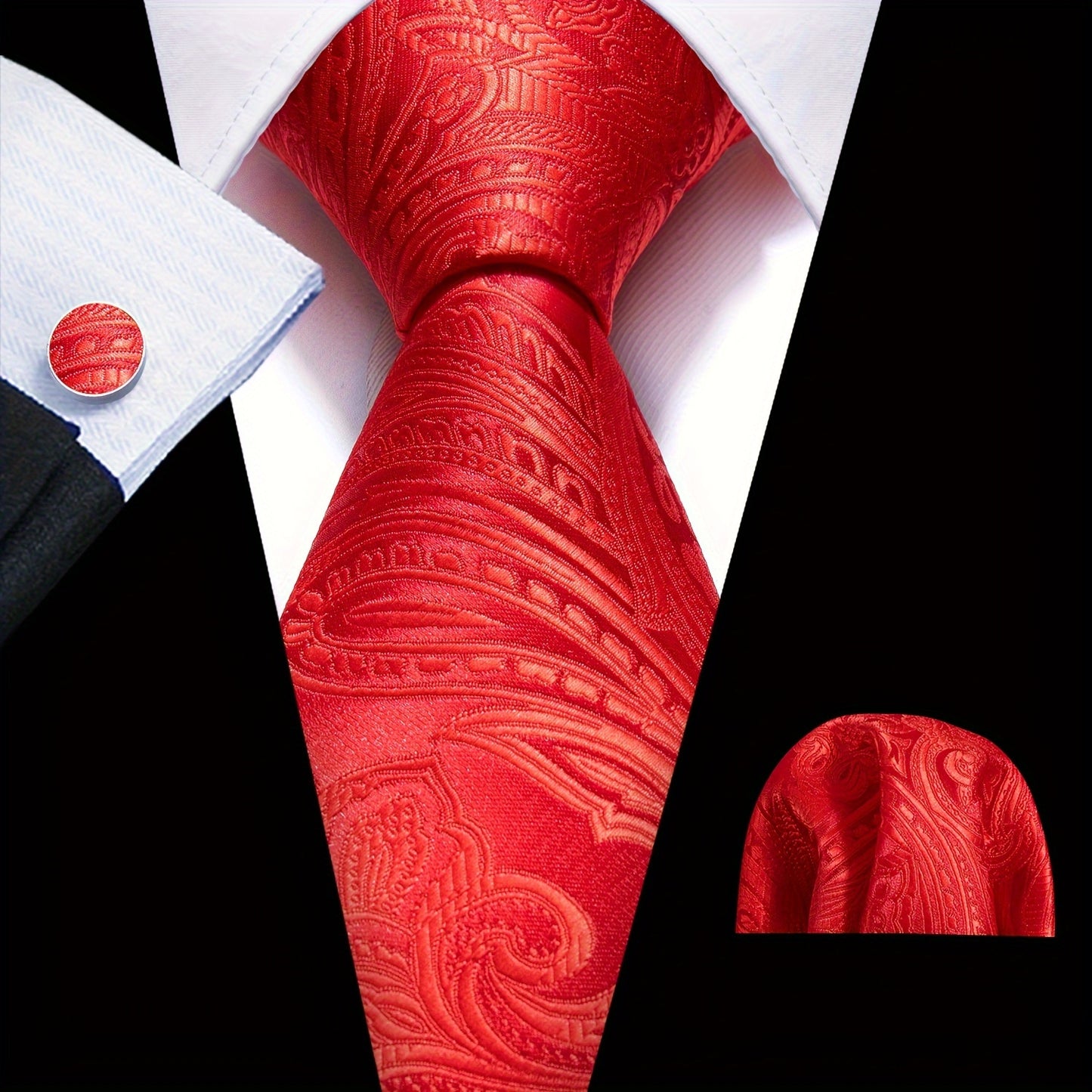 LINEZISEID 3pcs/set Men's Silk Classic Floral Necktie with Hanky And Cufflinks for Business & Wedding, Father's Day Gift, Paisley Ties for Men, Novelty Ties for Men, Special Occasion, Business Attire, Paisley Design, Elegant