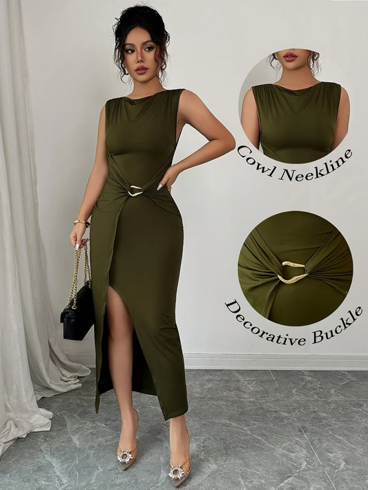 Solid Color Elegant Sleeveless Midi Dress for Women with Decorative Waist and Slit Hem - Chic Round Neck, Perfect for Spring/Summer, Elegant Event Wear|Sleek Fitted Design|Polyester Fabric