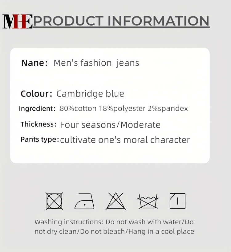 HME Men'S Slim-Fit Straight-Leg Denim Jeans - Mid-Rise Vintage Washed Blue, Stretch Comfort, YKK Zipper Closure, Breathable Rayon Blend, All-Season Casual & Business Wear, Slim Jeans, Midrise Denim, Designer Jeans, Comfortabl