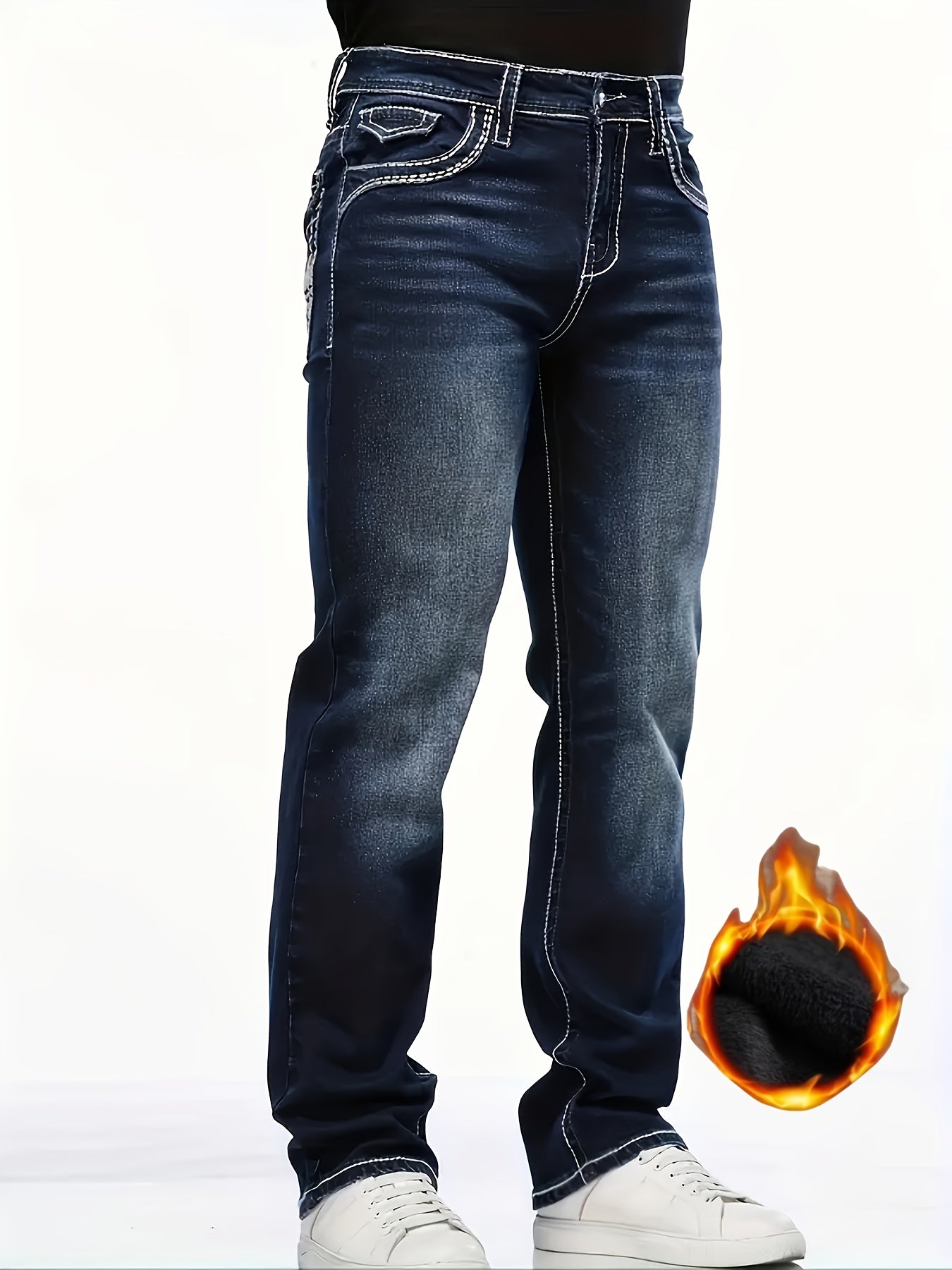 HME Men's Heavy-Duty Winter Jeans - Thickened Fleece-Lined Insulated Denim Pants with Heavy Wash & Natural Aging, Mid-Waist Stretch Slim-Fit Straight Leg, Machine Washable Casual Winter Pants for Cold Weather (Blue/Dark Brown