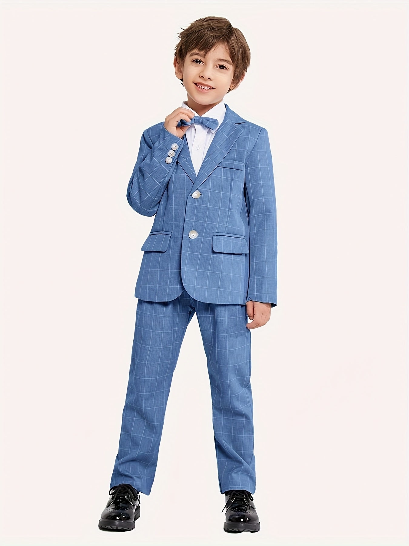 Kids' Elegant Blue Checkered Suit with Bow Tie - Perfect for Weddings and Formal Events, Slim Fit, Long Sleeve, Non-Stretch Fabric, Party Attire|Formal Attire|Slim Fit Suit