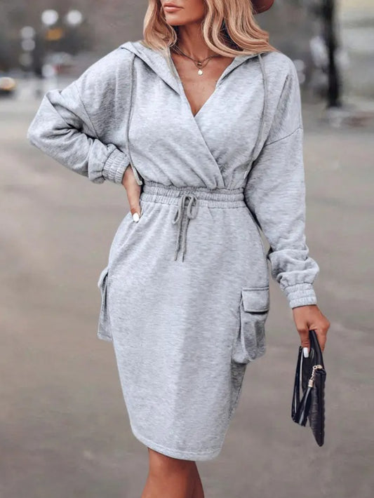 Women's Elegant V-Neck Hooded Long-Sleeve A-Line Dress with Wrap-Hip Pocket - Winter Warmth, Structured Pockets & Smooth Texture, Solid Color (Light Grey/Black/Navy/Beige) - Versatile for Work, Party, Social Events - Hand Was