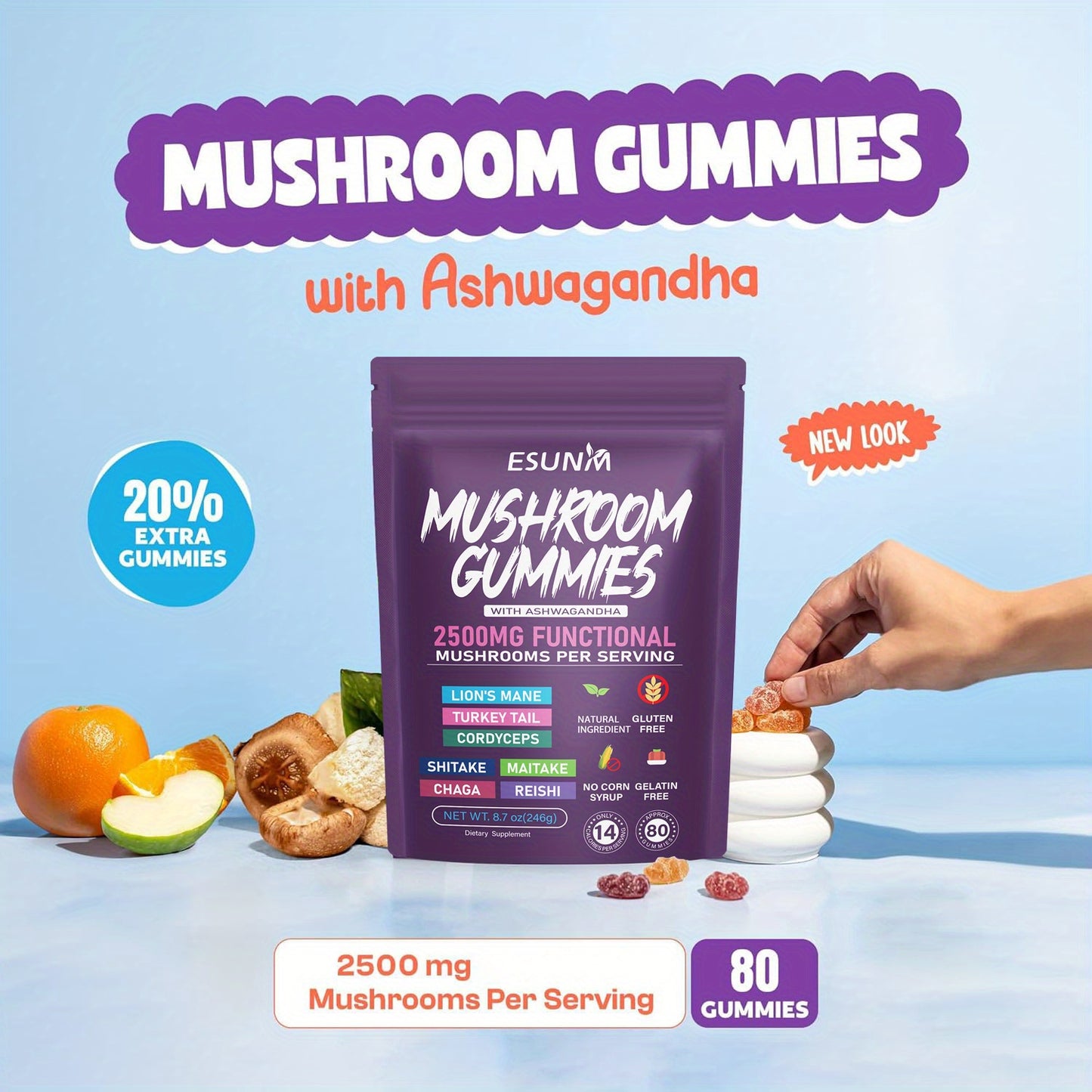 1/2/3/4 Bags Ashwagandha And Lions Mane Mushroom Gummies - Includes Reishi, Cordyceps, Turkey Tail, Maitake, Shiitake, And Chaga, Low Carb, 80 Gummies Per Bag