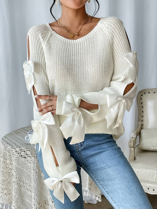 Bowknot Decor Crew Neck Sweater, Elegant Cut Out Long Sleeve Sweater For Fall & Winter, Women's Clothing