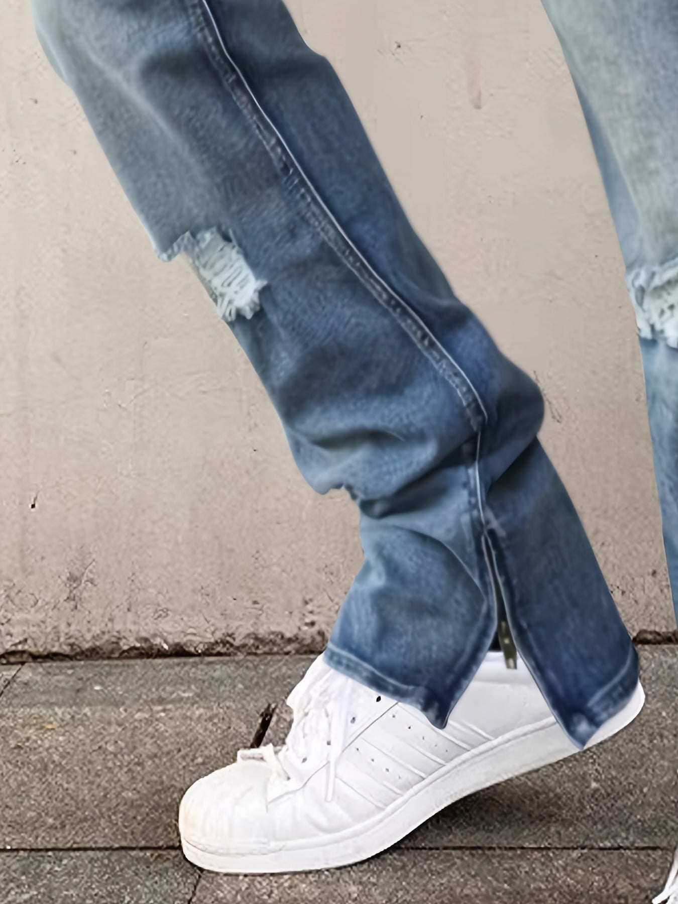 Men's Loose Straight Ripped Jeans - Men's Blue Stretch Micro Flared Pants, Leg Zipper, Washed Gradient Design, Mid to High Waist, Stylish Street Split, All-Season Jeans