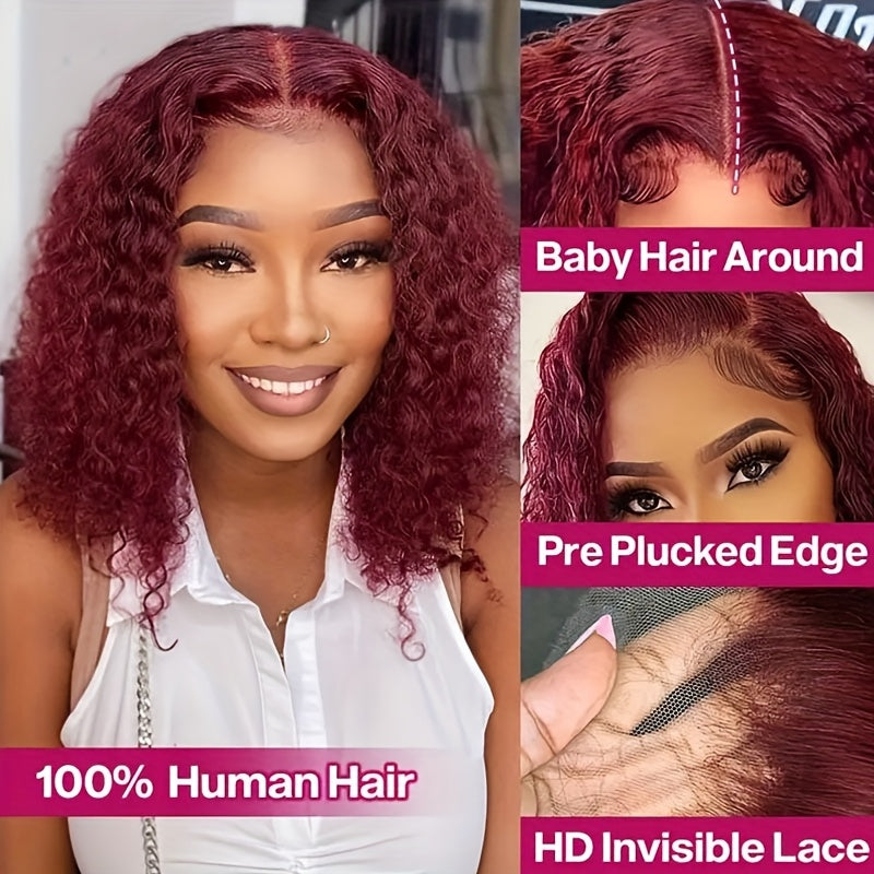 13x4 Burgundy Deep Wave Lace Front Wig - 250% Density, 100% Brazilian Virgin Human Hair, Pre-Plucked with Baby Hair, Glueless Design for Women, Wet and Wavy Look, Bye Bye Knots, Natural Red Color