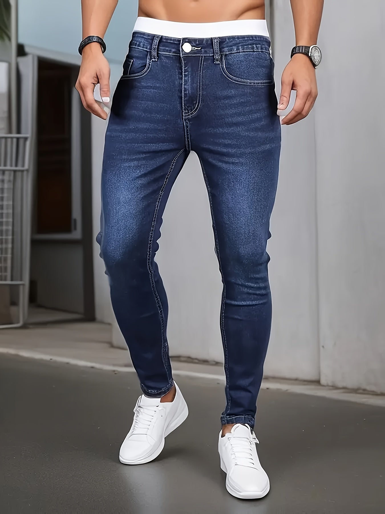 Men'S Slim-Fit Stretch Denim Jeans - Mid-Rise Casual Street Style, Light Wash, Mid-Stretch Comfort Fit for Casual Attire, Versatile Jeans|Slim Fit Jeans|Washed Jeans