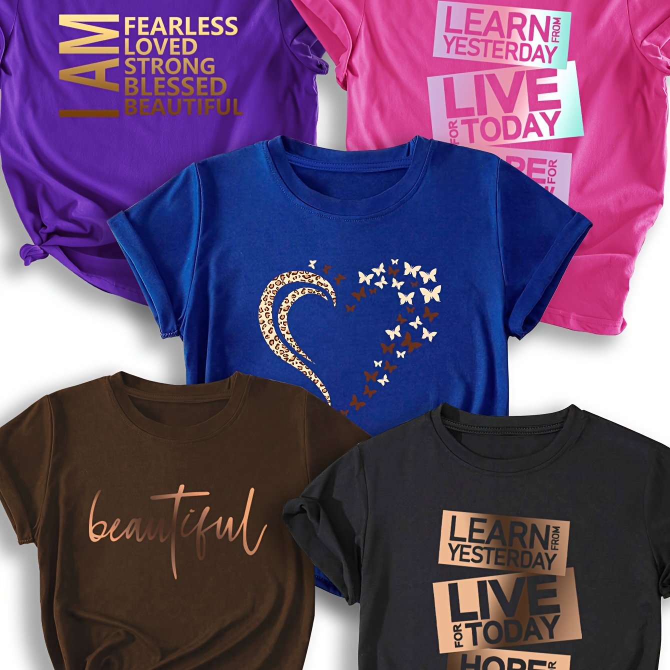 5pcs Women'S Casual Crew Neck T-Shirts - Short Sleeve, Polyester, All-Season, Round Neck, Short Sleeve Tee | Inspirational Print Tee | Comfortable Fit Tee