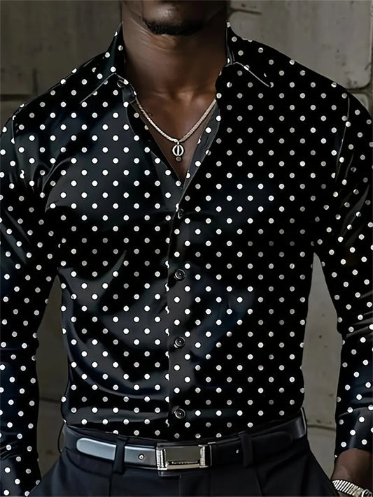 Men'S Casual Long-Sleeved Shirt with Polka Dot Pattern, Breathable Polyester, Lapel And Button Design, a Casual Top Suitable for Both Men And Women for Beach And Outdoor Activities