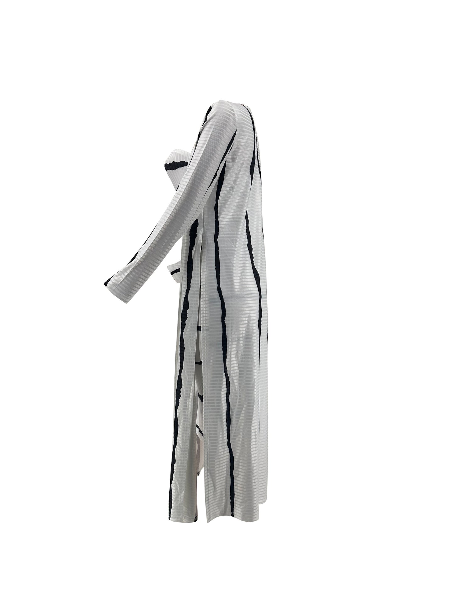 Striped Matching Two-piece Set, Casual Long Sleeve Open Front Split Cardigan & Slim Ribbed Midi Tube Dress Outfits, Women's Clothing