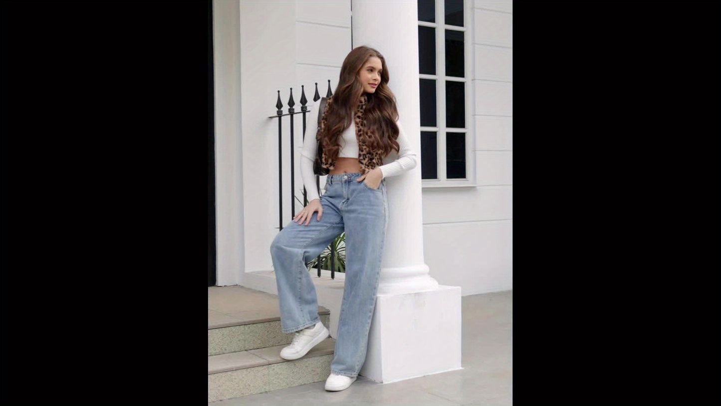 Chic Leopard Print Faux Fur Vest - Women's Sleeveless Zip-Up Crop Top, Sexy & Warm for Fall/Winter, Machine Washable