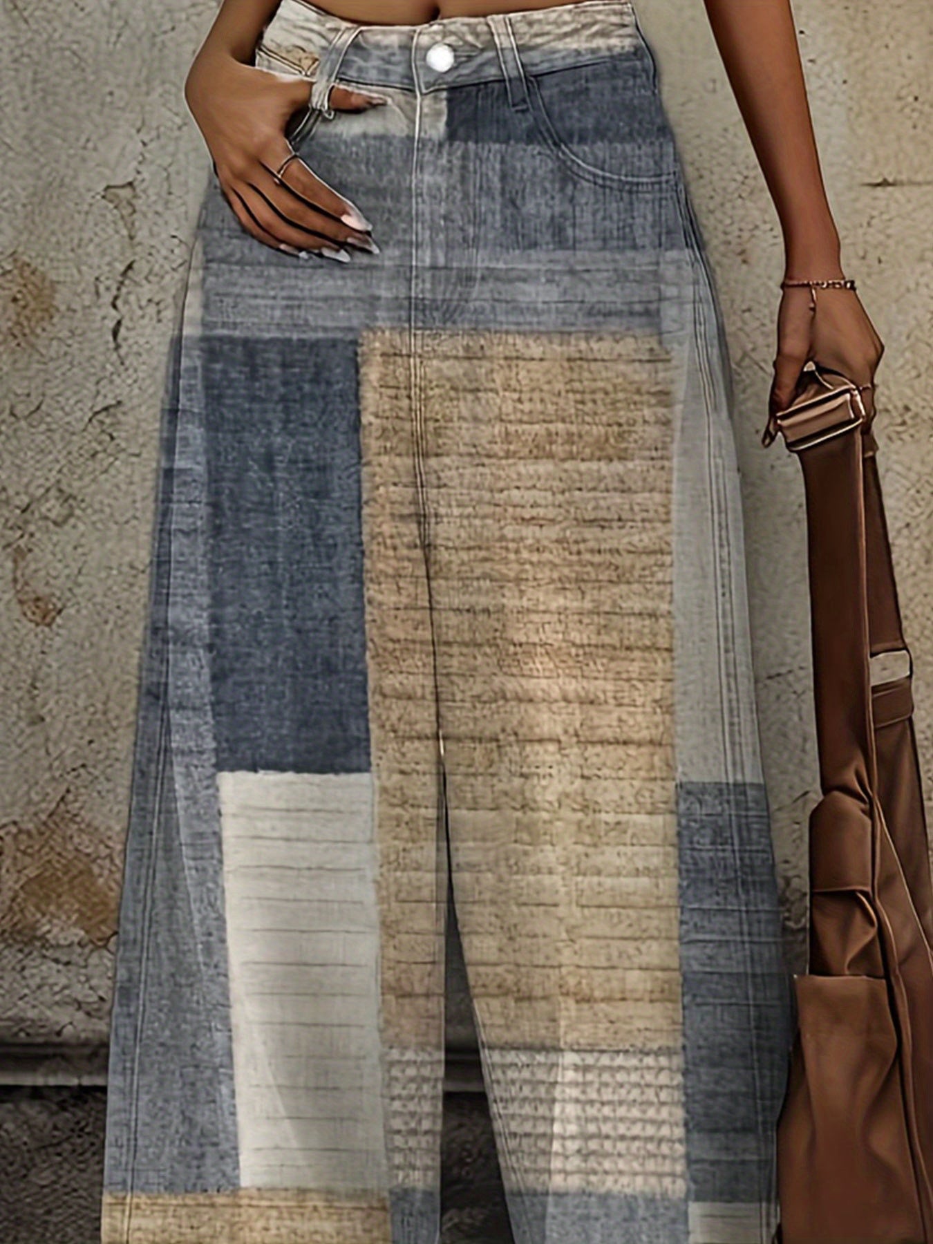 1 Pair Women's High-Waisted Loose Flared Jeans - Retro Casual Denim Pants with Creative Patchwork Print, Polyester Fabric, All-Season Comfort, Machine Washable, Ladies Jeans, Comfortable Fashion, Bellbottom Silhouette, Textur