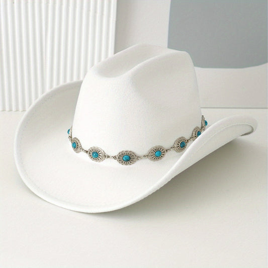 [Vintage Bohemian Cowgirl Hat] 1pc Unique & Elegant Vintage Bohemian Cowgirl Hat With Turquoise Beads Decor | Chic Fashion Wide Brim Cowboy Hat, Vibrant Color, Classy Aesthetic - Suitable For Western Themed Events, Engagement