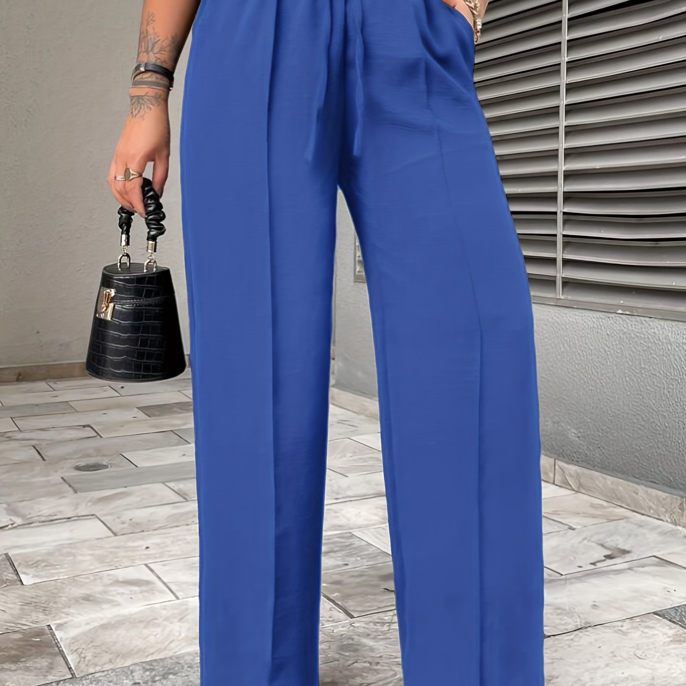 Elegant Middle-Eastern Polyester Straight Leg Pants 95% Polyester 5% Elastane Solid Color with Faux Drawstring Detail Spring/Fall Collection for Women - Woven Fabric, Comfort Fit Lounge Trousers with Pockets