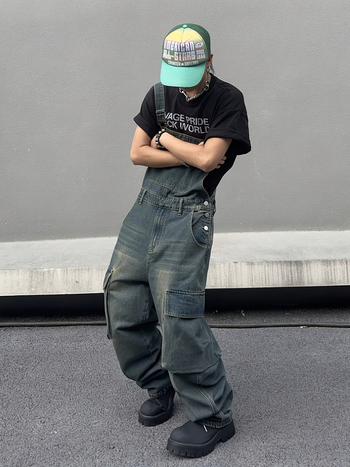 HME Men's Heavyweight Distressed Faux Denim Overalls Jumpsuit - Vintage Washed White with Large Functional Pockets, Loose Wide-Leg Fit, All-Season Casual Streetwear & Hip-Hop Style, Beltless Design with Buckle Closure, Machin