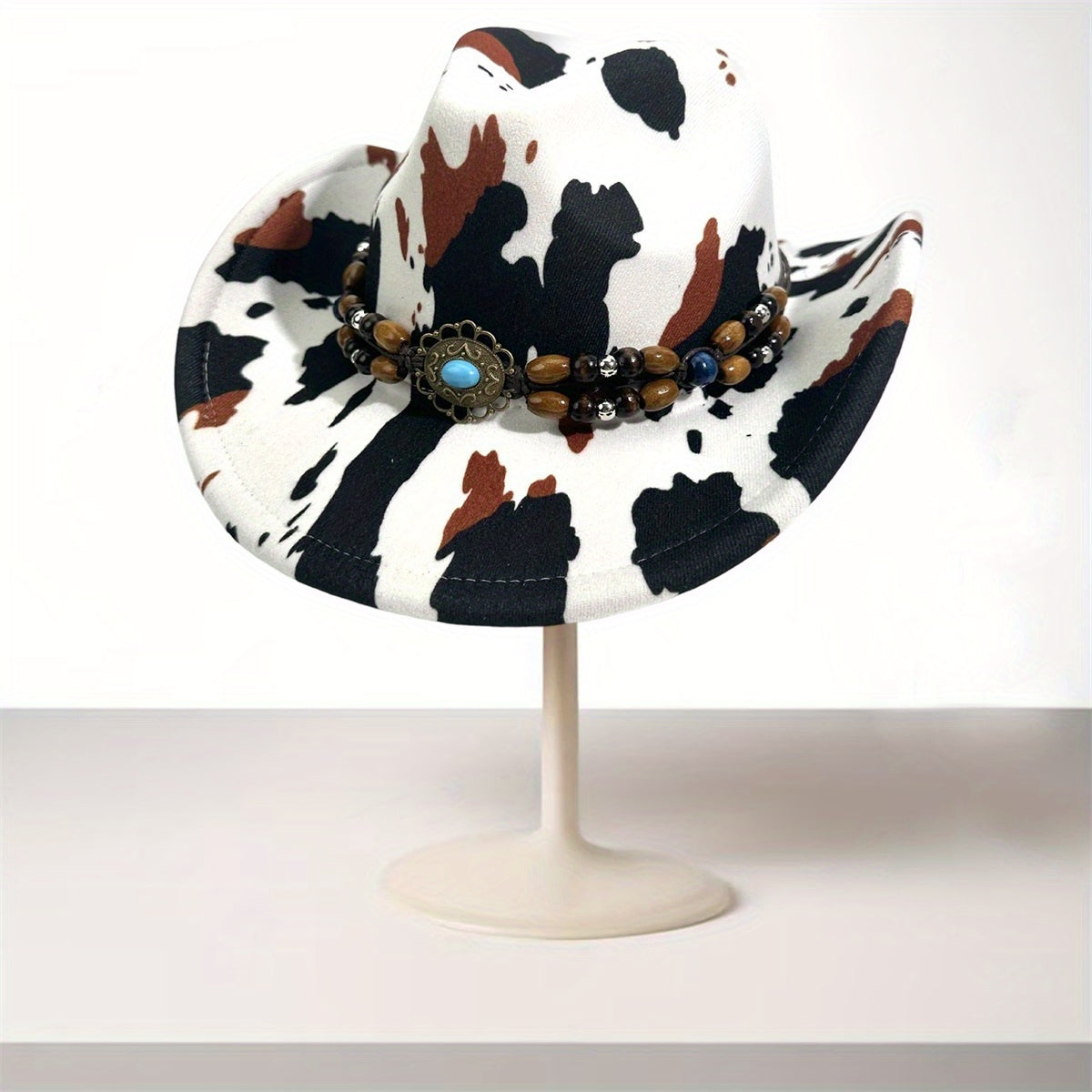 Cow Print Cowgirl Hat for Women & Men - Wide Brim Beaded Belt Western Cap with Black & White Cow Pattern, Brown & White Accents, Perfect for Parties, Beach, and Outdoor Events, Cowboy Hat, Party Accessory, Stylish Headwear