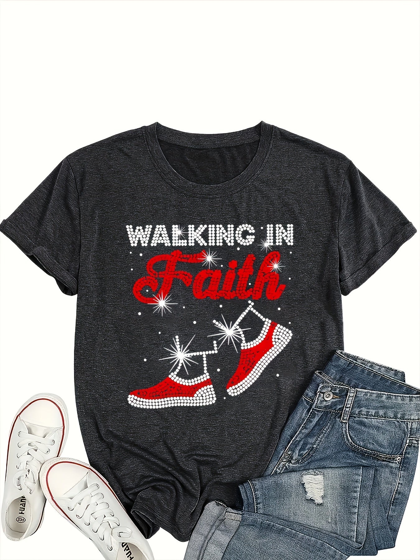 [Sparkling Inspirational Letter Print Tee] Dazzle Casual, Sparkling Rhinestone Letter Print T-Shirt for Women - Casual Crew Neck, Short Sleeve, Inspirational Faith Graphic Tee